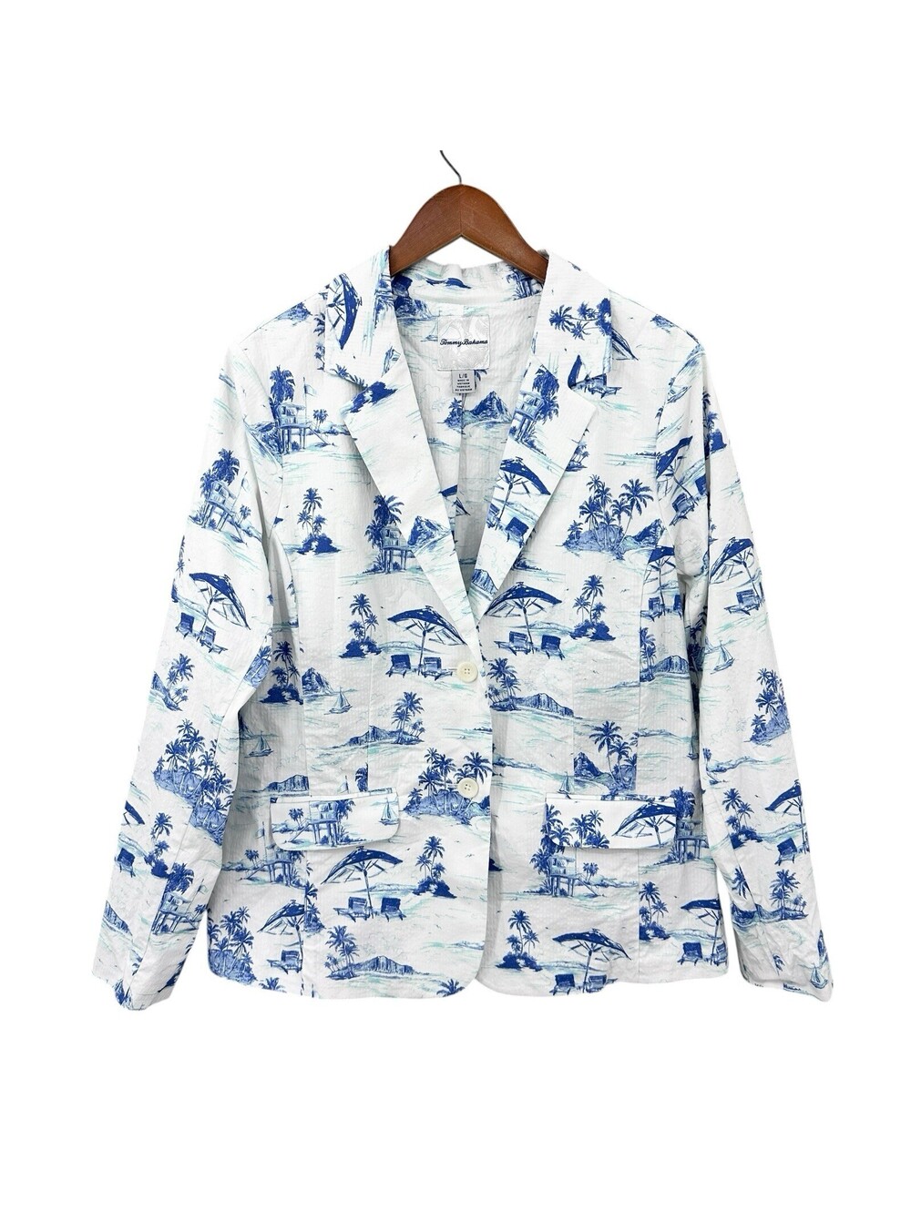 TOMMY BAHAMA Blazer Jacket Small Linen Cotton White Blue Tropical Print X698
